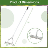 Garden rake with dimensions labeled on a white background