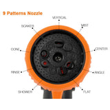 Orange and black garden hose nozzle with labeled 9 spray patterns on a white background