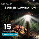 Solar garden light illuminating a garden at night with text highlighting 15 lumen output and efficiency.