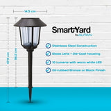 SmartYard by ALPAN outdoor lamp with dimensions and features on a white brick wall background