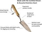 Gardening tool with wooden handle and stainless steel blade, labeled features on a white background.