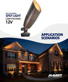 Malory die-cast brass spot light with application scenarios on a house at night.