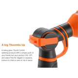 Black and orange water spray nozzle with text on a white background