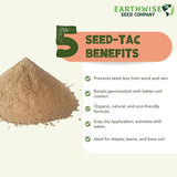 Earthwise Seed Company seed-tac benefits with a pile of brown powder on a light background