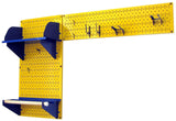 Yellow pegboard with blue shelves on a white background