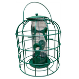 Green bird feeder with clear cylindrical container on a white background