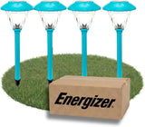 Four blue solar lights on grass with an Energizer box in front