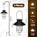 Black outdoor hanging lamp with measurements and features on a white background