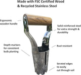 Gardening tool with wooden handle and metal body, labeled features on a white background