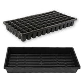Two black plastic trays, one with small compartments and the other a larger rectangular base, on a white background. 72 Cell And Flat Tray Combo