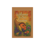Decorative garden flag with cornucopia, pumpkins, and flowers on a brown background.