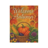 Decorative sign with 'Welcome Autumn' text, pumpkins, corn, and leaves on a colorful background.