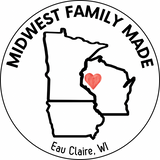 Logo with outline of Wisconsin, red heart, and 'Midwest Family Made Eau Claire, WI' text.