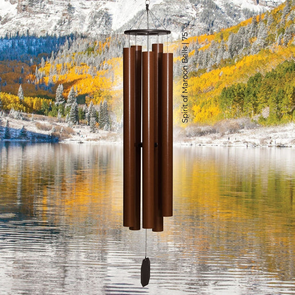 Mountain Reflections Wind Chime with 'Spirit of Maroon Bells' text against a scenic mountain lake background