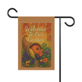 Garden flag with cornucopia, pumpkins, and flowers with 'Welcome To Our Garden' text on a white background.