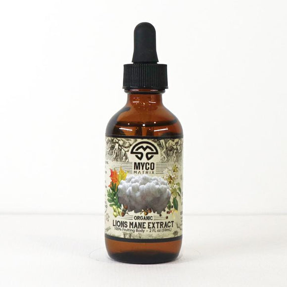 Bottle of MYCO Matrix Lions Mane Extract on a white background