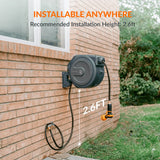 Wall-mounted hose reel with extended hose on a brick wall, indicating installable anywhere with a recommended height of 2.6 feet.