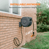Wall-mounted hose reel on a brick wall with text indicating installation height.