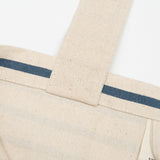 Close-up of stitching on a beige bag with blue stripes on a white background