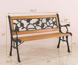 Wooden bench with decorative metal backrest and armrests, shown with measurements on a light background.