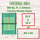 Diagram showing the coverage area of a structure with dimensions on a wooden background