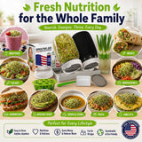 A promotional collage for a family sprout starter kit showing the kit components, including a sprout growing bag, sprouting jars, a lid, and a container of green onions, surrounded by labeled food examples like smoothies, wraps, salads, Buddha bowls, sandwiches, avocado toast, soups and stews, pasta, and omelets. Large headline text reads 'Fresh Nutrition for the Whole Family' with a badge at bottom right that says 'A USA SUPPORTED BRAND.