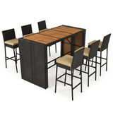 Seven-piece outdoor bar-height dining set featuring a rectangular wicker table with a wood-look top and six matching high-back chairs with beige cushions, shown on a white background.