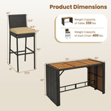 Product dimensions diagram showing a wicker bar stool and matching bar table with labeled measurements and weight capacity information on a light beige background.