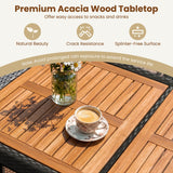 Premium acacia wood outdoor table top shown in a lifestyle setting with a cup of coffee and flowers on it, featuring a beige promotional header with product benefits.