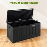 Black plastic storage box with lid shown open, overlaid with dimension labels and lines indicating 45 inches width, 22 inches depth, 21 inches height, and 20 inches lid-to-edge distance. Green text at the top reads 'Product Dimensions' on a light indoor background.