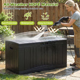 A woman outdoors uses a pressure washer to clean a large black HDPE storage trunk. The image includes marketing text and icons highlighting features like sun protection, waterproofing, and easy cleaning.