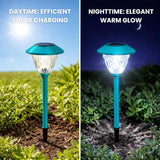Solar-powered garden light showing efficient daytime charging and elegant nighttime glow.