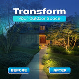 Before and after comparison of outdoor lighting installation in a garden.