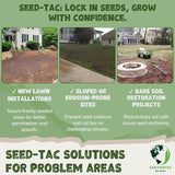 Advertisement for Seed-Tac solutions with images of lawn installations and text on a green background.