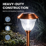 Outdoor solar lamp with copper finish and raindrops, labeled 'Heavy-Duty Construction' and 'Built for All Weather Conditions'.