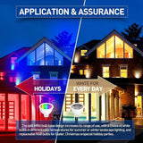Two houses, one with colorful lights for holidays and another with white lights for everyday use, with text about bulb color options.