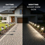 Comparison of solar lights on a driveway at daytime and nighttime.
