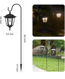 Solar-powered outdoor lamp with dimensions and usage examples on a white background