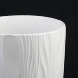 Close-up of 3-Piece White Stoneware Planter Pot Set with Embossed Texture on a black background