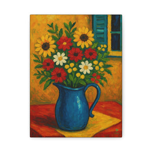 Gullah Geechee Folk Art Bouquet, Flowers in Blue Enamel Pitcher on Kitchen Table