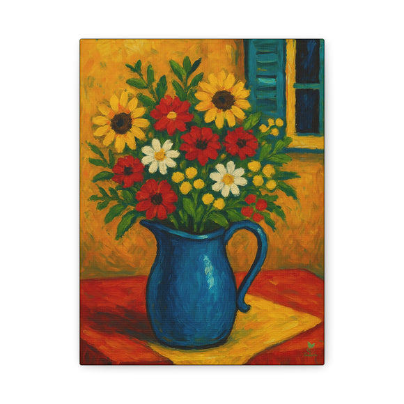 Gullah Geechee Folk Art Bouquet, Flowers in Blue Enamel Pitcher on Kitchen Table