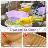 A promotional collage for a purple collapsible silicone cleaning basket. The top panel shows the basket being washed by hand in a sink and another inset showing it inside a dishwasher, with text labels 'Hand Wash' and 'Dishwasher'.