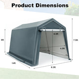 Product dimensions diagram of a gray roll-top storage tent with labeled measurements including 14ft width, 8.3ft depth, 6.