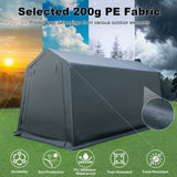 A dark gray outdoor canopy tent shown on a grassy background with a collage of weather scenes behind it and text reading 'Selected 200g PE Fabric' plus feature icons for durability, sun protection, waterproofing, tear resistance, and fade resistance.
