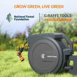 Retractable garden hose with Giraffe Tools branding in a grassy outdoor setting, featuring National Forest Foundation logo.