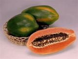 Two whole papayas and one halved papaya on a light gray background