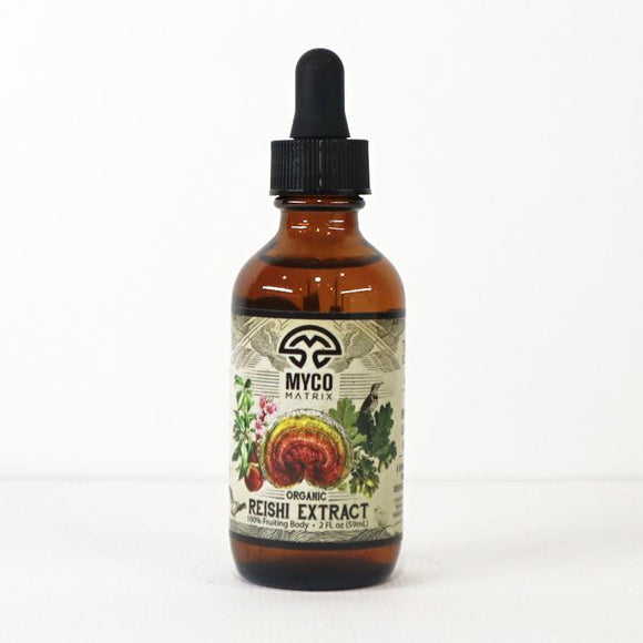 Bottle of MYCO Matrix Reishi Extract on a white background