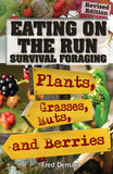 Book cover of 'Eating on the Run: Survival Foraging' with text and nature imagery.