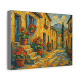 Cézanne Style French Village Street Art, Potted Geraniums and Window Boxes