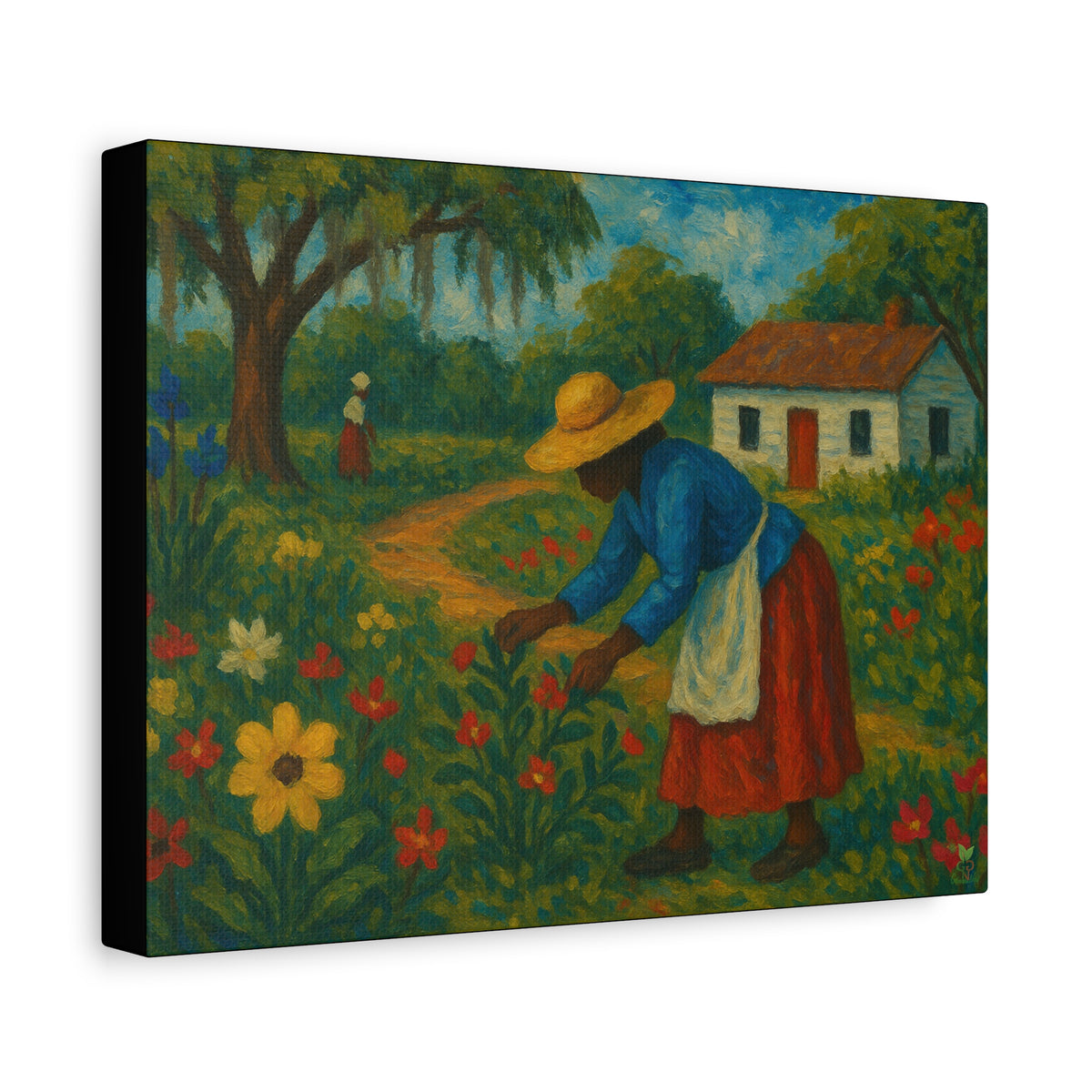 Gullah Geechee Garden Scene Folk Art, African American Woman Tending F